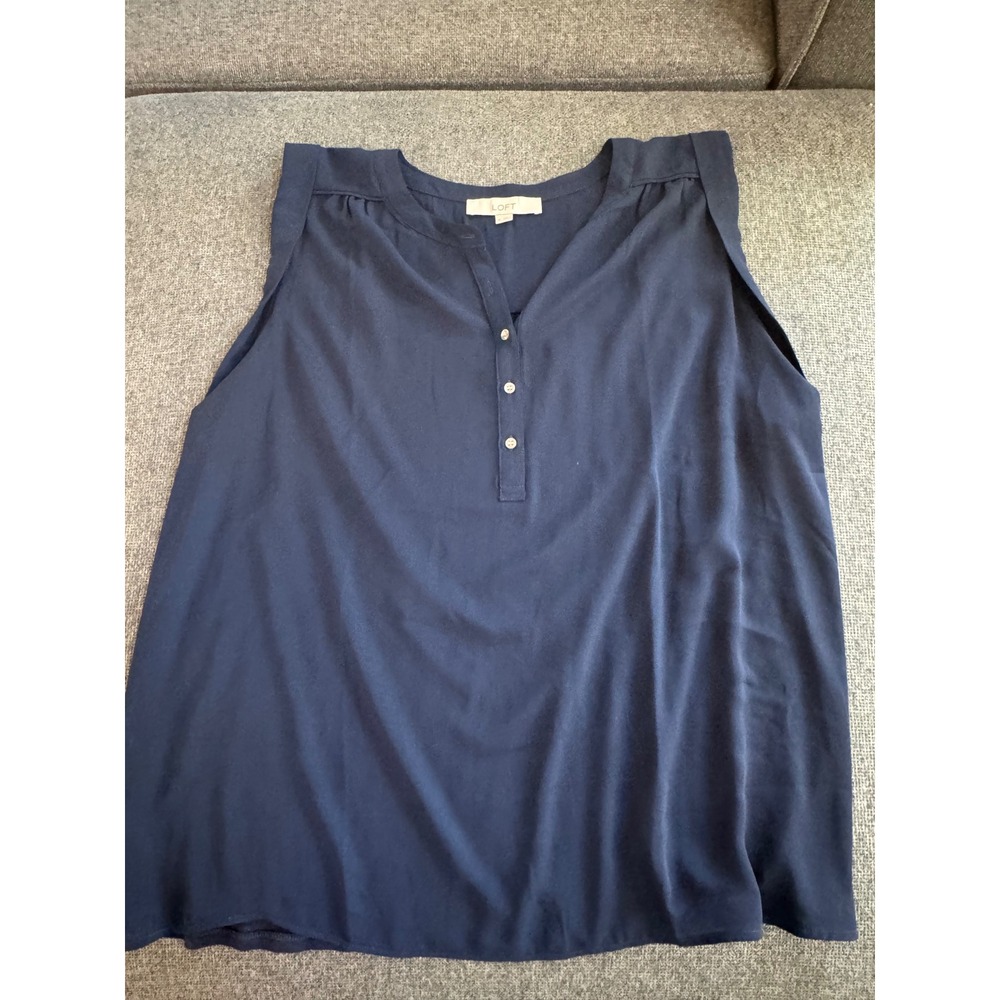 Loft Navy Blue Henley Sleeveless Blouse Mixed Media Tank Top Womens XL